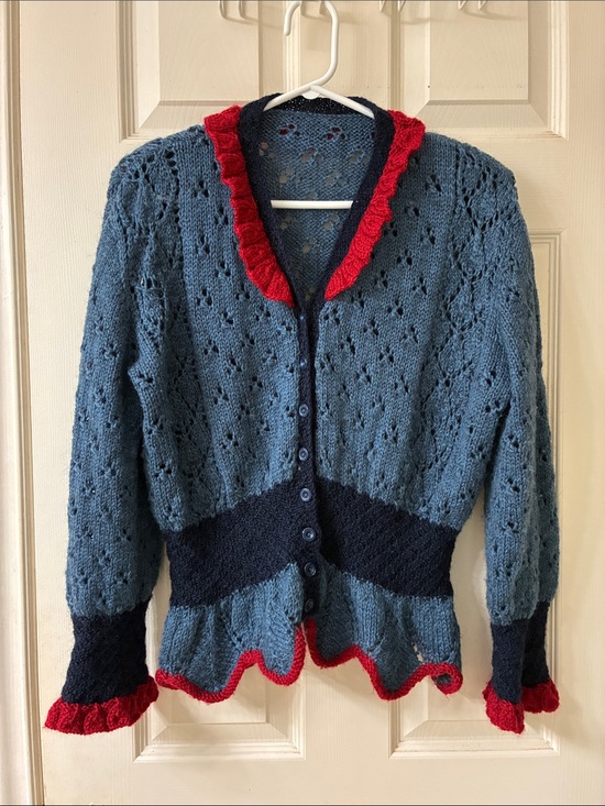 Handmade Sweaters - 🌷3 for $25🌷Handmade, US M, Blue Openwork Knit Cardigan With Red Ruffle Trim